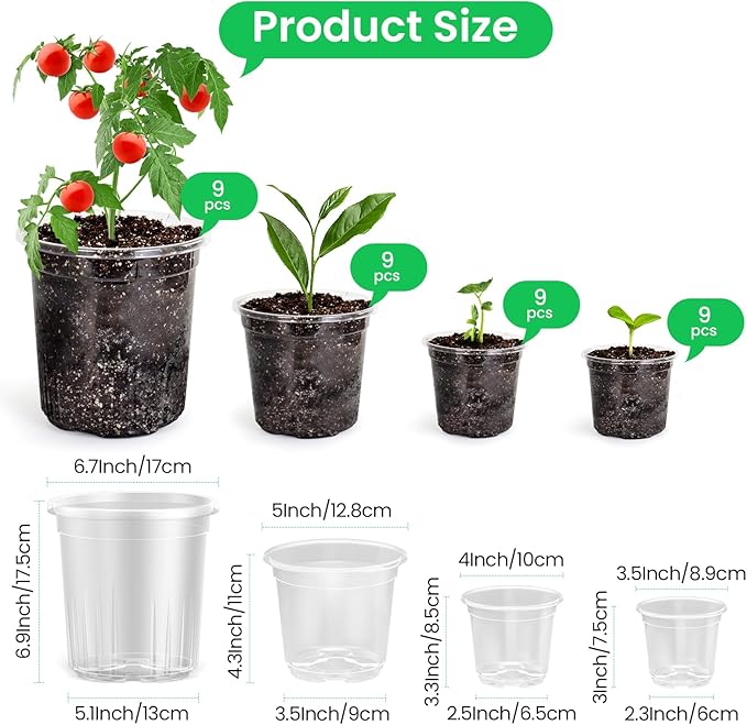 36 Packs 6.7/5/4/3.5 Inch Reinforced Clear Nursery Pots with Drainage Hole, Transparent Variety Pack Plastic Plant Pot Seedling Planter for Vegetable Propagation, Root Cutting, Seed Starting