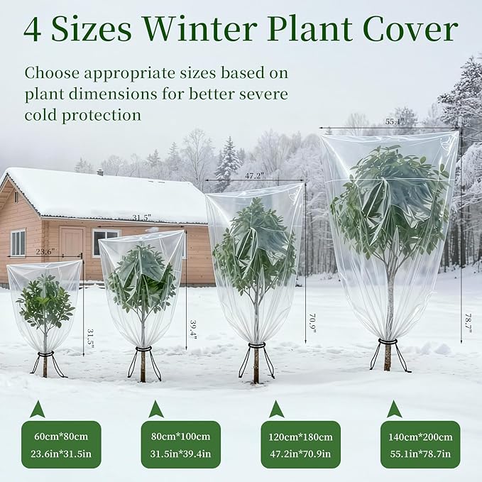 2 Pcs Winter Plant Covers Freeze Protection with Drawstring, 47"x71" Clear Plastic Film Shelter Bags, Waterproof Plant Frost Protection Covers for Outdoor Garden Shrubs Crops