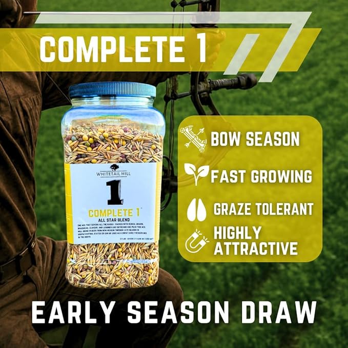 Complete 1 Food Plot Seed Mix for Deer, 1/4 Acre or 1 Acre, One Mix Covers All The Bases, Cereal Grains, Brassicas, Clovers, Legumes, Early Season Blend