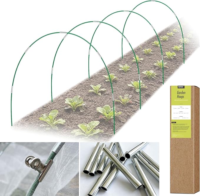 RIFNY 24 PCS Garden Hoops for Raised Beds, Greenhouse Hoops Kit Long Grow Tunnel for Row Cover, Rust-Free Fiberglass Garden Support Poles for Insect Mesh Netting Freeze Plant Cover (Green)