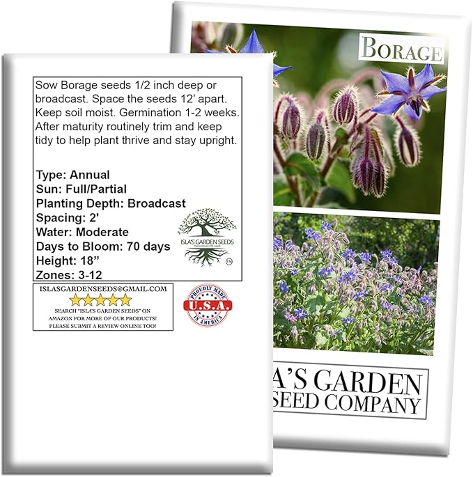 Borage Flower & Herb Seeds (Borago officinalis) – 125+ Non-GMO Heirloom Seeds by Isla’s Garden Seeds, Edible Blue Blossoms for Garnish & Herbal Tea, Pollinator-Friendly Annual, Easy to Grow, Gift Idea