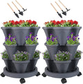 GameXcel Vertical Planter 3 Tier Stackable Planters Garden Planters Strawberry Herb Flower and Vegetable Planter Indoor Outdoor Gardening Pots with Removable Wheels and Tools
