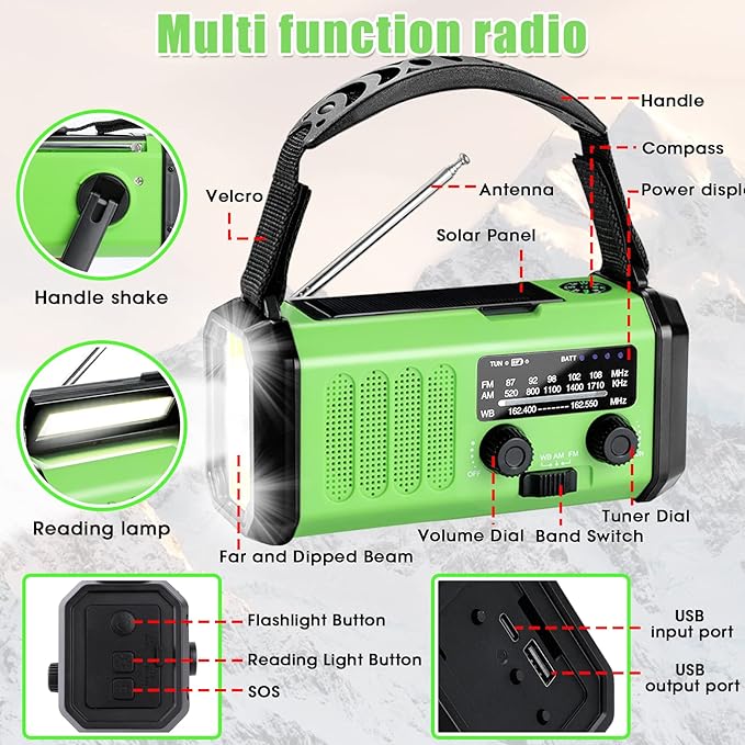 Leaton Hand Crank Emergency Radio, 10000mAh Solar Powered NOAA/AM/FM Weather Radio with Multi-Function LED Flashlight and Cell Phone Charger for Indoor/Outdoor Emergencies