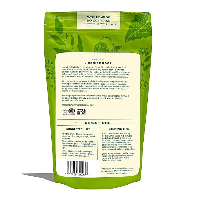 Worldwide Botanicals Organic Licorice Root – 8 oz – 100% Glycyrrhiza glabra –Palo Dulce, Regaliz – Cut & Sift, Naturally Sweet and Soothing, Harmonizing Tea – 8 ounces