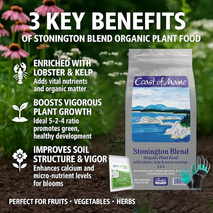 Coast of Maine SP6000 Stonington Plant Food 4 LB – Organic Soil Builder for Vegetables & Flowers with My Garden Pool Soil Test Strips & Claw Gardening Gloves