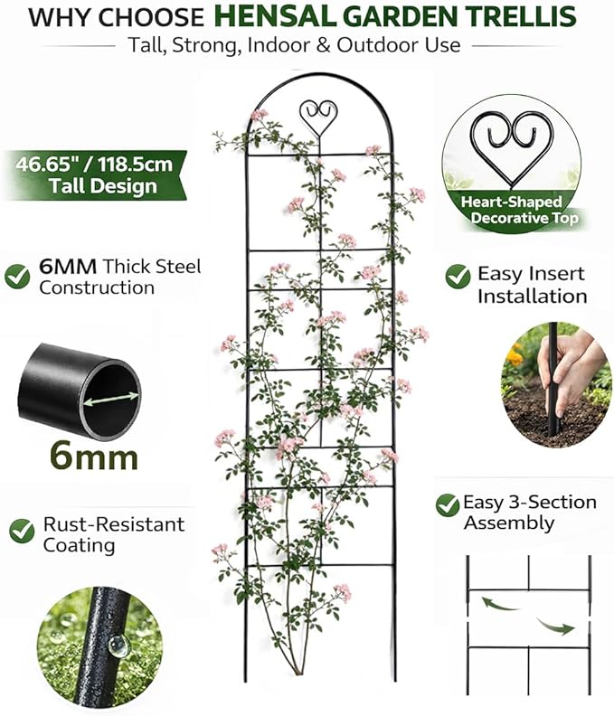 46" Metal Garden Trellis, 3-Section Heavy Duty Iron Trellis for Climbing Plants Indoor & Outdoor, Plant Support for Roses, Vines & Vegetables, 1 Pack, Black