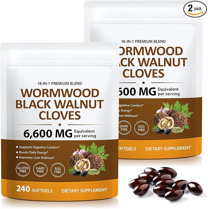 18-in-1 Wormwood Black Walnut Clove Herbal Softgels, 6600mg Serving, Rapid Gut Cleanse & Digestive Health with Black Walnut Hull, Wormwood, Clove, Garlic, Oregano, Pumpkin Seed, Easy-to-Swallow -2Pack