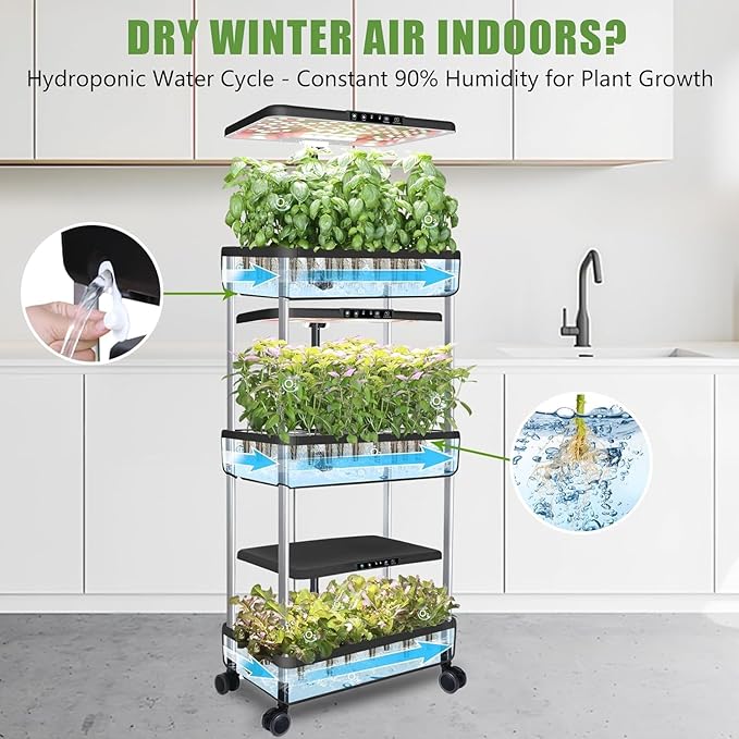 DRYADES 66-Pod Indoor Hydroponic Growing System + 3 Free Seeds Starter Kit (Lettuce, Salad Mixed, Basil Seeds) – Dual 53W Full-Spectrum LED, 10-L Water Tank, 3-Tier Grow Pods (66 Pods)