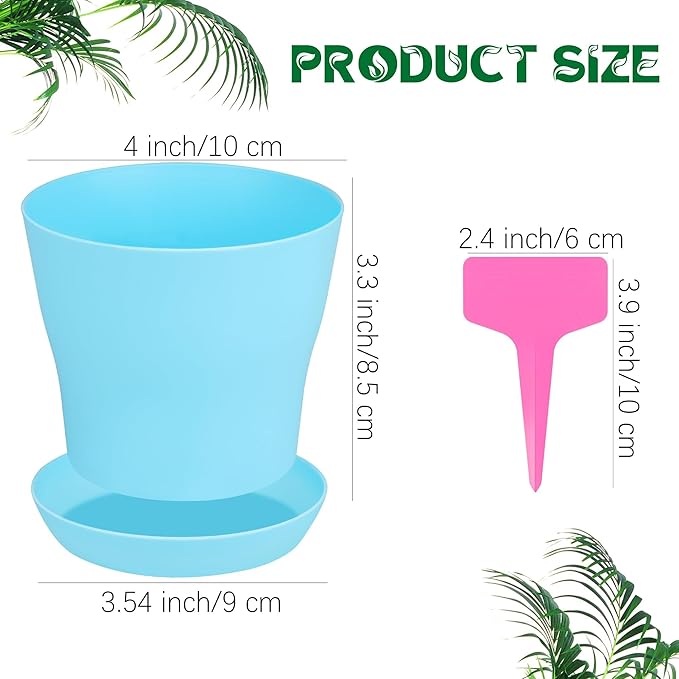Aodaer 72 Pack 4 Inch Plastic Flowerpot with Multiple Drainage Holes and Tray Indoor Outdoor Flower Plant Nursery Pots with Labels Flower Seedling Pots for Herb Garden Home Succulents, Assorted Colors