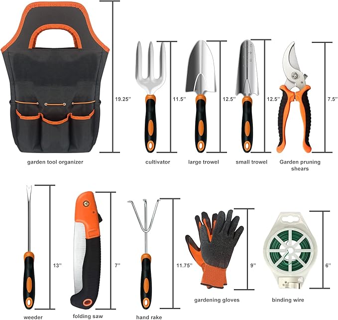 Gardening Tools,10PCS Stainless Steel Heavy Duty Garden Tool Set,Non-Slip Ergonomic Handle and Outdoor Garden Shovel with Storage Gardening Kit,Garden Gifts for Women and Men