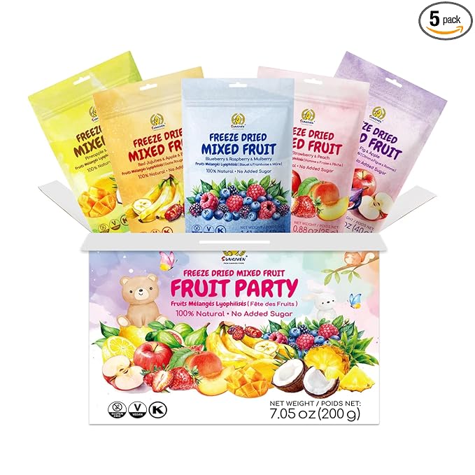 SUNGIVEN Freeze-Dried Fruit Party with 10+ Fruits, Mixed Fruits Variety Pack of 5 Bag, 7.06 oz, Health Snack, Fruit Crisps, Freeze Dried Apple Strawberry Berries Lemon Coconut Fig Mango Pineapple, No Sugar Added, Made with 100% Fruit