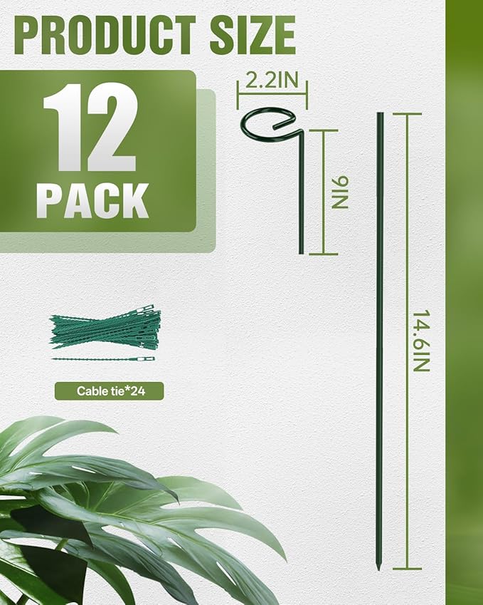 Joyhalo 12 Pack Plant Stakes, Adustable 24 Inch Plant Support Stakes, Flower Stakes with 24 Twist Ties, Garden Sticks for Plants Hibiscus, Sunflower, Red Hot Poker, Hydrangea, Tomato, Sapling Etc