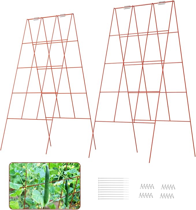 DOEWORKS Cucumber Trellis, 39" High Foldable A Frame Garden Trellis, 2 Pack, Plant Support for Climbing Cucumber, Beans, Tomatoes, Flowers, Red