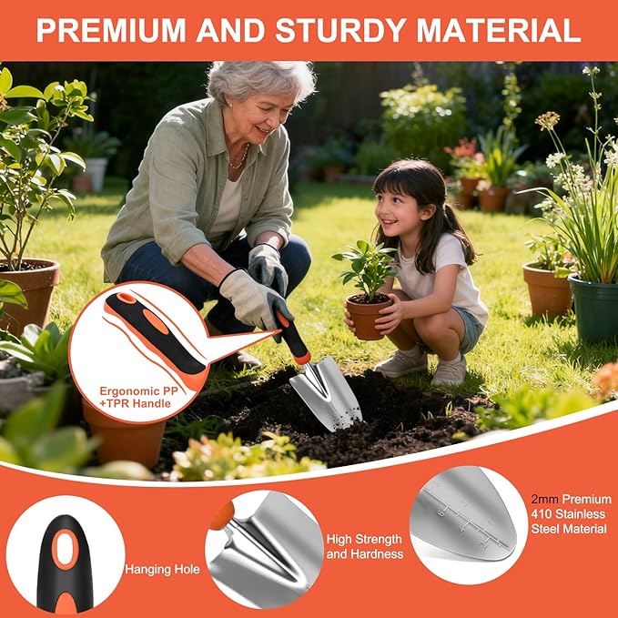 Yesker Gardening Tools 9-Piece Heavy Duty Garden Tool Set Gardening Supplies Gifts for Women Men Gardening Hand Tool Kit with Non-Slip Ergonomic Handle, Garden Bag, Durable Gloves and Shears, Orange