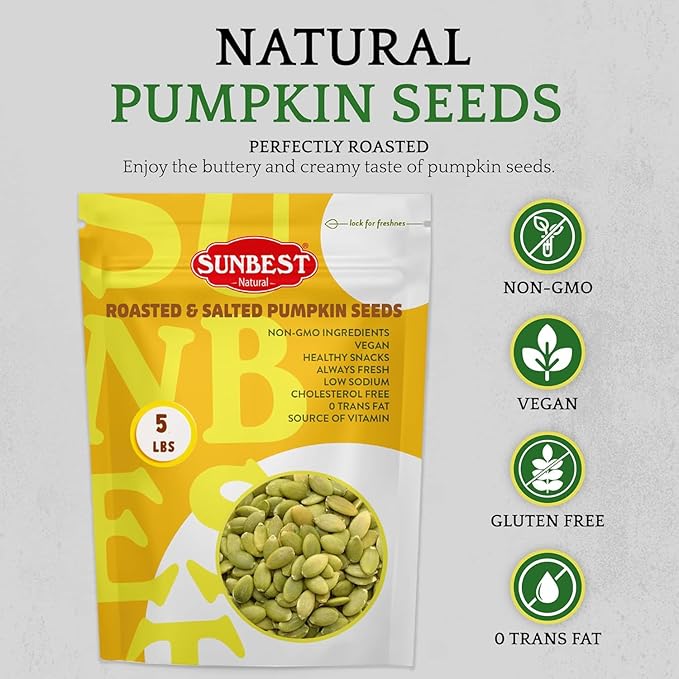 Sunbest Natural Roasted Pumpkin Seeds – 5 lb Bulk Bag – Shelled Pumpkin Seeds, Roasted Salted Pepitas – Fresh, Nutrient-Rich, Non-GMO, Vegan, Kosher – Perfect for Snacking, Cooking & Baking