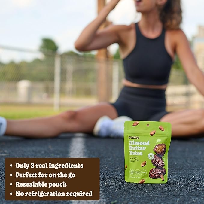 Realsy Almond Butter Stuffed Medjool Dates, Organic Dates with No Sugar Added, Gluten-Free, Vegan, Good Source of Fiber, Low Glycemic Index, All Natural Healthy Snack, (10 Pack)