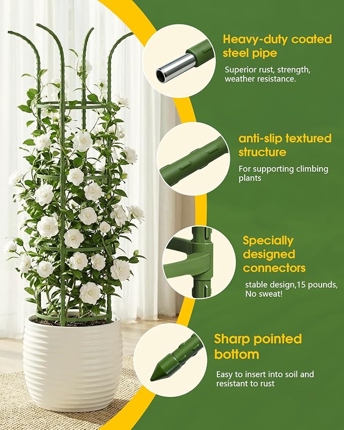 Joyhalo 2 Pack Trellis for Climbing Plants Outdoor, 74 Inch High Adjustable Garden Trellis for Flowers, Green Plastic Coated Steel Plant Stakes Use As Tomato Cage
