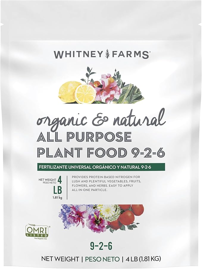 Whitney Farms Organic & Natural All Purpose Plant Food 9-2-6 - Fertilizer for Raised Bed Containers and In-Ground Vegetables, Flowers, Fruits and Herbs - 4 lb.