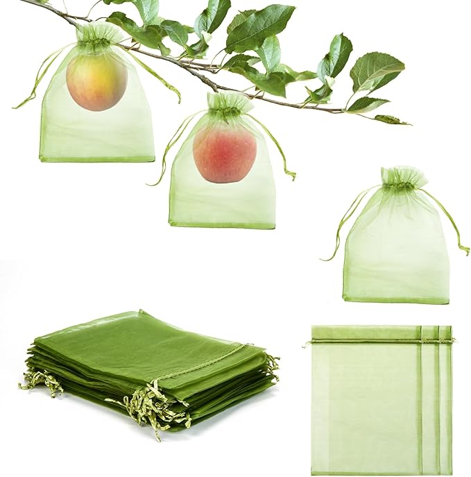 50 PCS 6X9 inches Fruit Protection Bags, Fruit Bags for Fruit Trees, Green Netting Fruit Cover Bags Drawstring Mesh Fruit Protectors Pest Barrier for Fruit Trees Veggies Garden