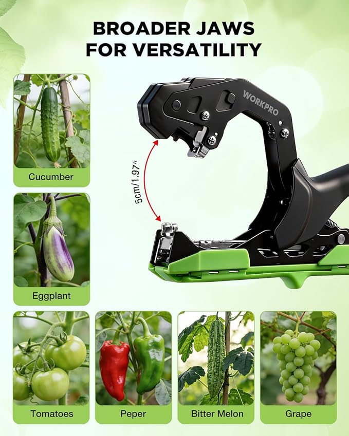WORKPRO Plant Tying Machine with 6" Scissors, Lightweight Tape Gun for Tying Vines and Support Plant, Includes Gloves, 20 Rolls of Tape, 10000 Staples, Ideal for Tomatoes, Grapes, Cucumber, Vegetables