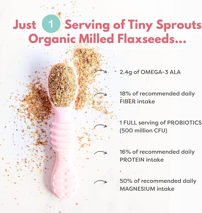Tiny Sprouts Organic Milled Flaxseed + Full Serving Probiotic + Vitamin D3 | Kids Superfood Nutrition Booster for Brain, Gut & Immune Health | Omega-3, Prebiotic Fiber, Calcium, Protein | Gluten-Free, Plant-Based Superseed Blend | 7 oz