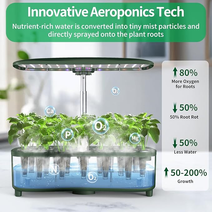 Hydroponics Growing System Kit Indoor, Aeroponics Herb Garden Kit 15 Pods, 3 Grow Modes, 24H Timer Gardening System, Quiet Smart Water Pump Hydroponic Planter Summer/Winter Use (Dark Green)