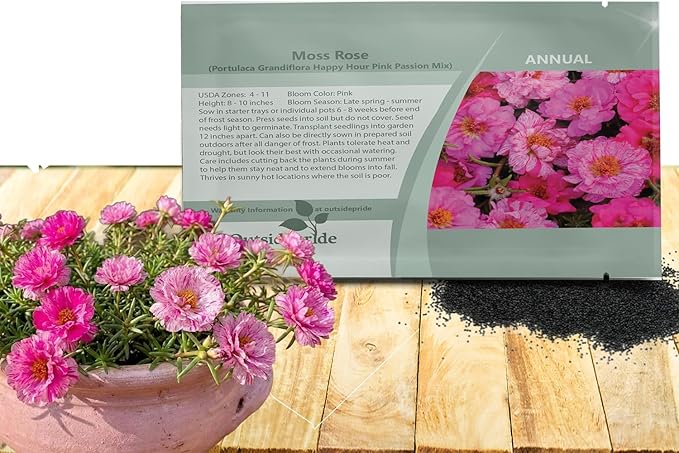 Outsidepride Pink Mixed Moss Rose Seeds - 250 Pcs Annual, Drought & Heat Tolerant, Pollinator Friendly Ground Cover Seeds for Planting w/Vibrant Blooms & Succulent Foliage, Ideal for Xeriscaping