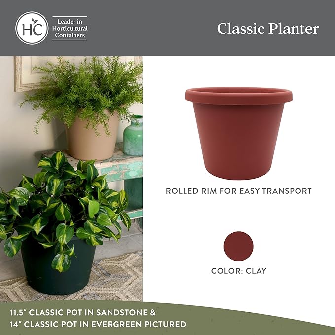 The HC Companies 7 Inch Classic Round Planter Pots with Drainage, Rolled Rim Plastic Planters for Indoor & Outdoor Plants, 4-Pack Decorative Flower Pots for Garden, Office & Home Decor, Clay