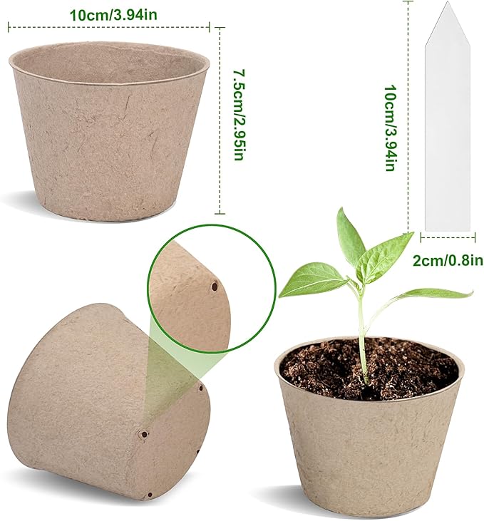 ARGCONNER Peat Pots, 60 Pack Plant Starter Round Nursery Pot with Drainage Holes, Garden Germination Seedling Pots with 30 Plant Labels (4 Inch)