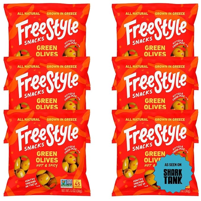 Freestyle Snacks Olive Snack Packs - As Seen on Shark Tank - Single Serve - Fresh Pitted Green Olives, Grown in Greece, All Natural, Non-GMO, Sugar-Free, Salty Snack - Hot & Spicy, 1.1oz (6 Pack)