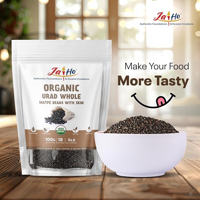 Jai Ho Certified Organic Urad Daal 4 lb | Matpe Beans with Skin | Indian Urad Whole | USDA Organic | Non-GMO | Chemical-Free | (4 Pound, Urad Whole (Matpe Beans with Skin))