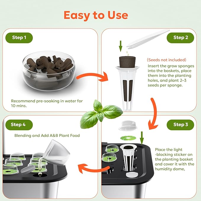owltron 50 Pcs Hydroponic Seed Pods Kits, Grow Anything Kit Pod for Indoor Herb Garden with 12 Sponges, 2 A&B Nutrient Plant Food, 12 Baskets, 12 Stickers, 12 Germination Domes（Round)