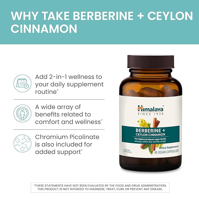 Himalaya Berberine with Ceylon Cinnamon - Herbal Supplement for Supporting Normal Metabolism, Immune, and Digestive Health - Vegan, Gluten Free, 60 Vegetarian Capsules