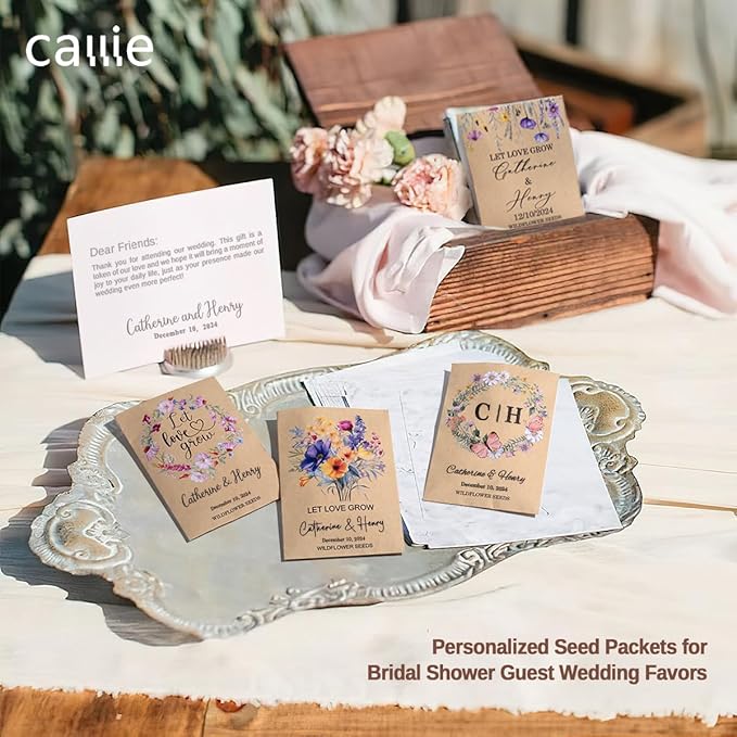 callie Personalized Wedding Seed Packet Favors, Custom Wildflower Seeds Storage with Name and Date, Kraft/White Paper Envelopes for Wedding Party Bridal Shower, 20-300 PCS