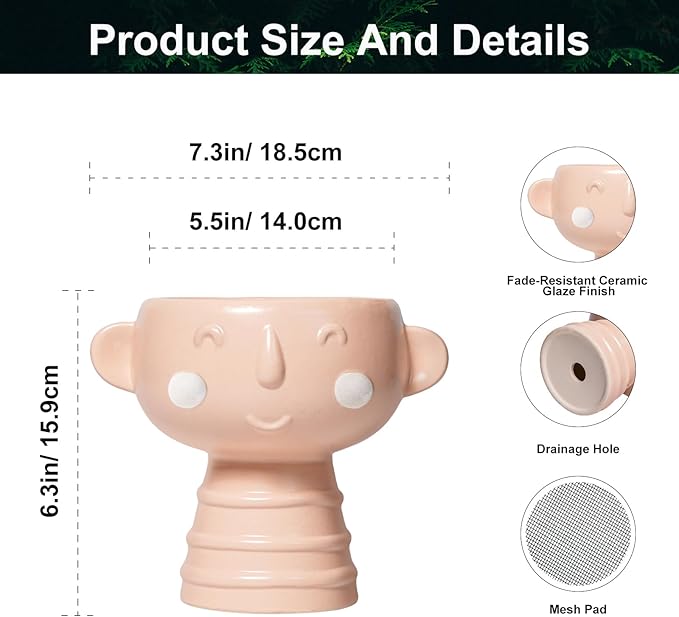 Face Planter Pots Head 7 Inch - Ceramic Face Pot for Plants Indoor Outdoor, Cute Decorative Plant Pots with Drainage Hole, Succulent Planters, Living Room Decor, Valentine Gifts, Matte Pink