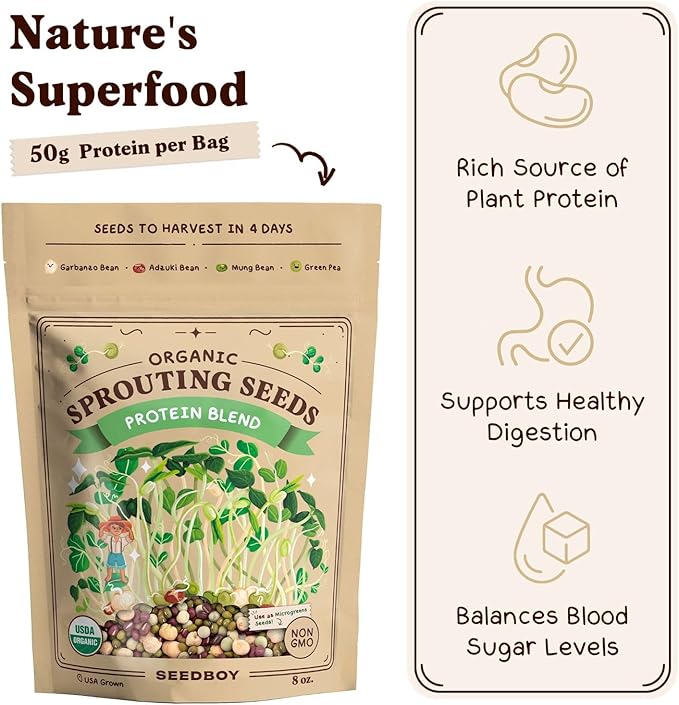 Seedboy Organic Non-GMO Sprouting Seeds, Protein Blend – USA Grown Microgreens Mix with Garbanzo, Mung Bean, Adzuki Beans, Green Pea - 8 oz Bag Makes 2 Quarts / 12 Servings (Protein Blend)