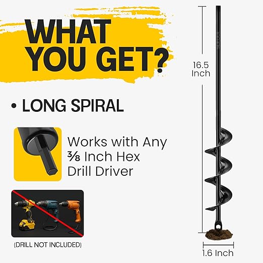 Sproot Garden Auger Drill Bit for Planting 1.6x16.5 Inch - Umbrellas and Fences Auger Post Hole Digger for Gardening and Spiral Bulb Planter Tool – 3/8 Inch Hex Drive Compatible