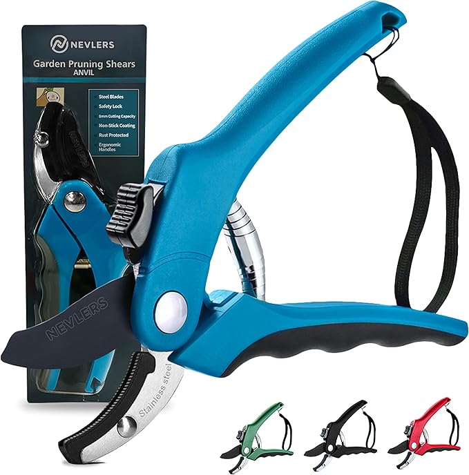 Nevlers 8" Blue Anvil Pruning Shears Heavy Duty | Hand Pruners for Gardening w/Steel Blades, Safety Lock & Ergonomic Handles | 8mm Cut Cap Plant Shears & Branch Cutter for Dead Stems & Small Branches