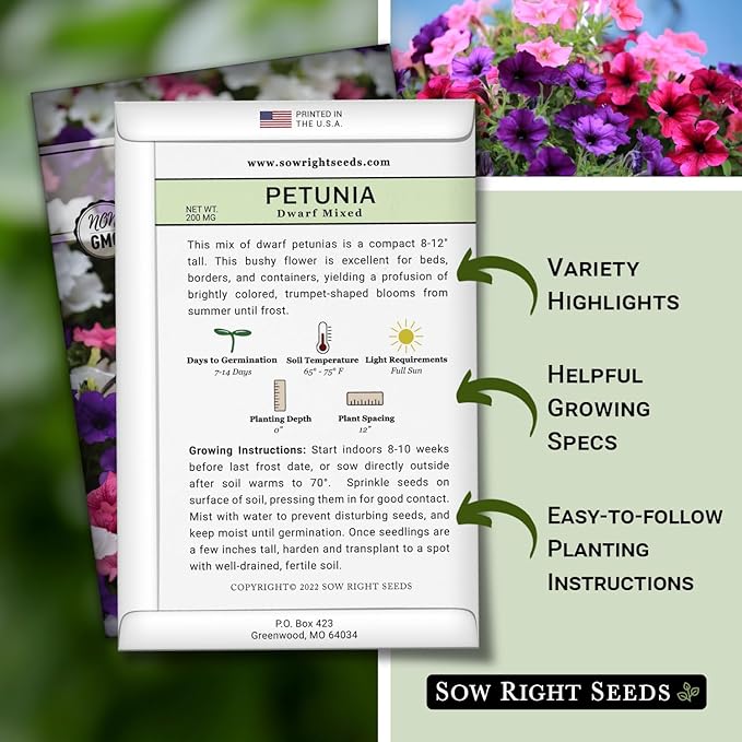 Sow Right Seeds - Dwarf Mixed Petunia Seeds to Plant - Full instructions for Planting and Growing a Flower Garden - Non-GMO Heirloom Seeds - Annual Hanging Basket Flower - Wonderful Gardening Gift (1)