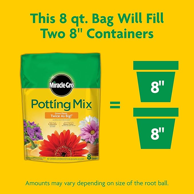 Miracle-Gro Potting Mix, for Indoor or Outdoor Potted Plants, Flowers, Vegetables, Shrubs, Annuals, and Perennials, Feeds Up to 6 Months, 8 qt.