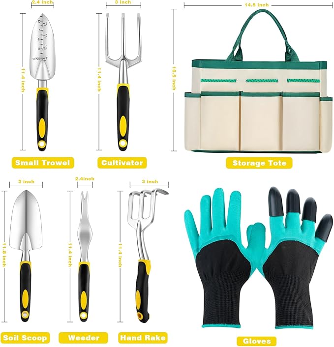 Garden Tools, Ergonomic Gardening Tools, Gardening Hand Tools Aluminum Alloy Material, 7-piece an Ideal Gardening Gift for Women, Men and Parents, Yellow