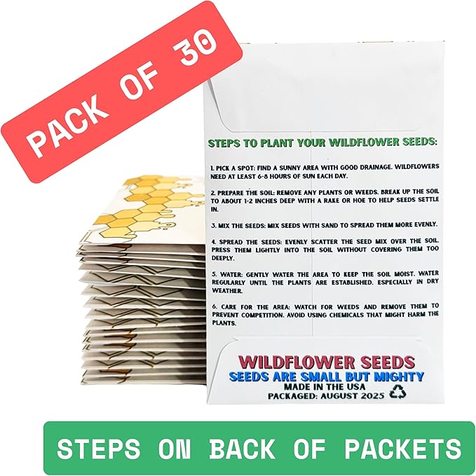 Wildflower Seed Packets Feed The Bees Party Favors (Pack of 30) - Bee Friendly & Pollinator Wildflower Seed for Planting Gardening
