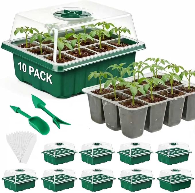VPQZUPG 10 Pcks Seed Starter Tray 120 Cells Seed Starter Kit with Humidity Dome, Seed StartingTrays for Seed Seedling Planting Starter, Mini Greenhouse Plant Germination Trays（Green）