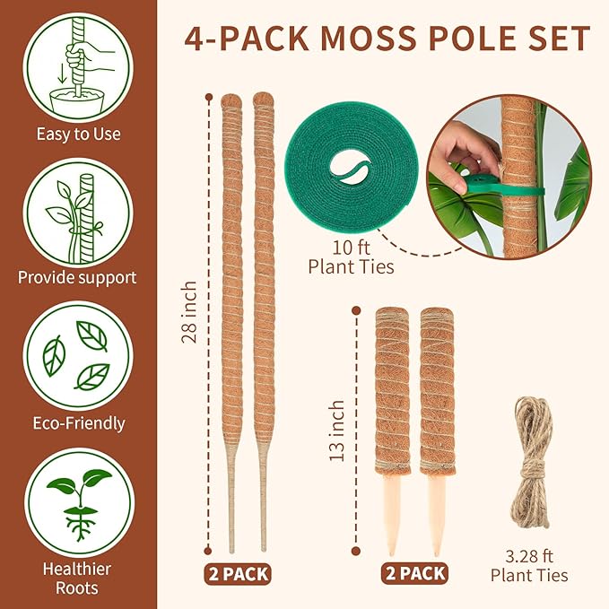 Moss Pole Monstera Plant Support, All Growth Stages – 4 Pack (28” Bendable Poles + 12'' Stackable Coir Poles, Thickened Aluminum Core Stakes, Tall Plant Sticks Support for Climbing Plants)