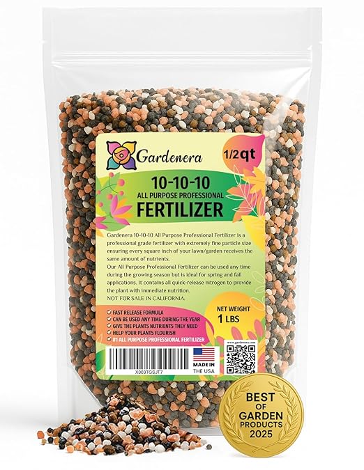 Professional 10-10-10 All-Purpose Soil Fertilizer by Gardenera - Ideal for Flowers, Plants, Vegetables, Fruit Trees and Lawns - [1/2 Quart]