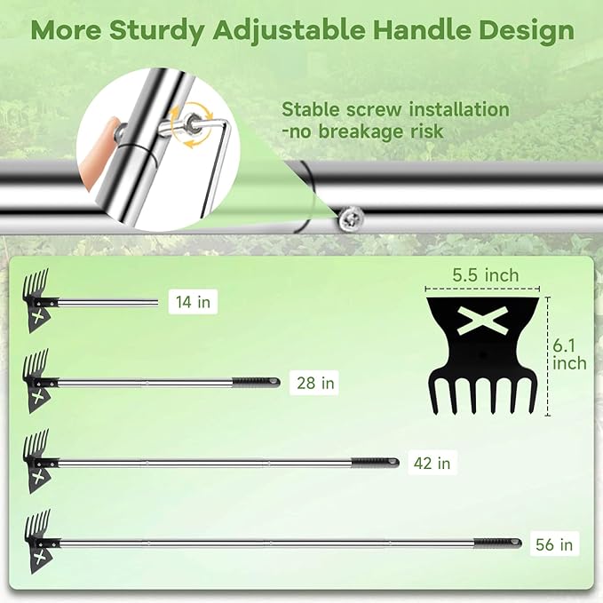 2 in 1 Garden Hoe and Cultivator Weeding Rake 6 Tines, Manual Weed Puller Tool with Long Handle, 56" Heavy Duty Hand Weeder Remover Tools for Patio, Lawn, Garden, Flower Beds, Loosen Soil and Planting