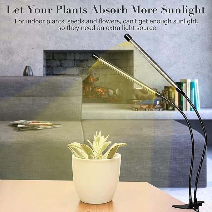 iPower LED Grow Light with Full Spectrum for Indoor Plants, Adjustable Gooseneck, 2/3 Light Modes&5/10 Dimmable Levels, 3 Auto Timing Modes, 2 Tubes, Yellow