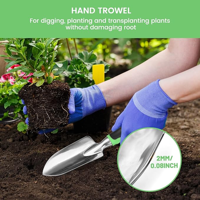 Garden Tool Set, 3 Pack Heavy Duty Gardening Hand Tools with Non-Slip Rubber Handles, Aluminum Alloy Gardening Tool Include Garden Shovel, Transplant Trowel and Hand Rake