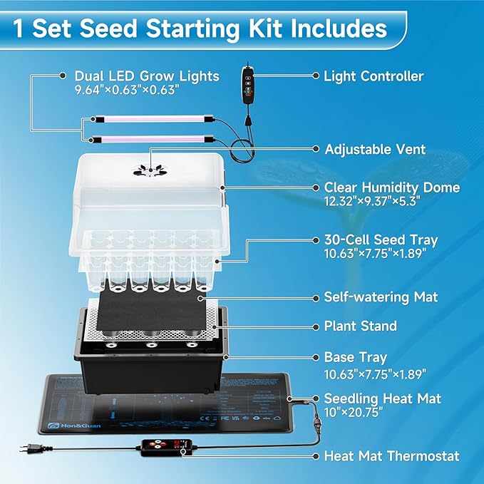 Hon&Guan 2 Pack Seed Starting Kit - 30 Cell Seed Starter Tray with Higher 5.3” Humidity Dome, LED Growing Lights and 10"x20.75" Seedling Heat Mat, Adjustable Vents - Germination & Plant Propagation