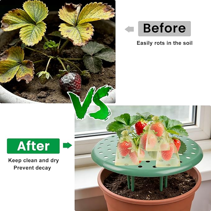 ChezMax 4 Pack Strawberry Plant Support - Strawberry Holder with 100 Pcs Green Mesh Protects, Strawberrys Supports for Garden, Strawberrys Trellis Stand with 32 Legs, Plant Pot Stand Protection
